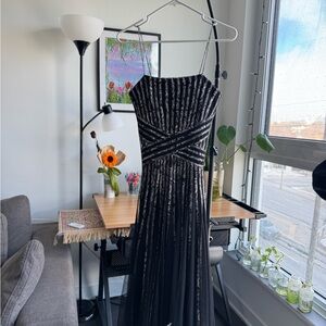 Elegant Black and Silver Striped Evening Dress